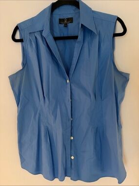 Linea Donna Platinum Cotton Blue Sleeveless Pintuck Button-Down Blouse -Sz 12
